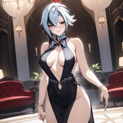 ai_generated arlecchino_(genshin_impact) black_dress dress genshin_impact ministro sideboob smile x-shaped_pupils