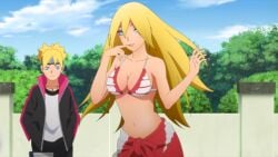 1boy 1girls annoyed annoyed_expression being_watched bikini bikini_top blonde_hair blue_eyes boruko boruto:_naruto_next_generations canon_genderswap cleavage female_focus finger_to_mouth front_view gender_transformation genderswap_(mtf) high_resolution jacket lipstick long_hair looking_at_another looking_at_partner looking_at_viewer makeup midriff mostly_nude naruto naruto_(series) outdoors pants partially_clothed presenting presenting_self revealing_clothes rule_63 screenshot sexy_no_jutsu shadow_clone shirt short_hair skirt solo solo_focus swimsuit uzumaki_boruto very_long_hair watching watching_from_afar whisker_markings whiskers yellow_hair