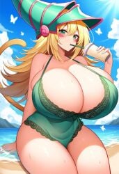 1female 1girls ai_generated beach big_breasts bimbo cat_ears cat_tail coffee cup curves curvy curvy_body curvy_female curvy_figure dan16369336 dark_magician_girl female female_only green_hat lingerie long_tail milf pointy_hat shonen_jump shueisha sole_female spiral tagme tail twitter_link weekly_shonen_jump weekly_shounen_jump yu-gi-oh!