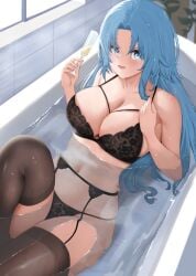 absurdres alsace_(azur_lane) azur_lane bathtub black_bra black_panties blue_hair bra breasts cup drinking_glass embroidered_bra embroidered_panties female garter_belt highres large_breasts lingerie midriff navel neruki_(ntme) paid_reward_available panties thighhighs underwear wet wine_glass