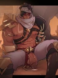 1boy abs armor azariq_(genshin_impact) balls bidbrock big_penis dark-skinned_male dark_skin dreadlocks eremite_(genshin_impact) eremite_stone_enchanter_(genshin_impact) eyes_covered genshin_impact male_only masked multiple_girls muscular npc penis precum precum_on_ground scar veiny_penis