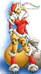 2001 blue_eyes canine chest_tuft christmas claws clothed clothing digimon digitigrade dress elbow_gloves facial_markings female fox fur gloves hat holidays karabiner mammal markings open_mouth panties renamon santa_hat short_dress skimpy smile solo standing tuft underwear white_fur yellow_fur