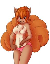 anthro blush breasts canine chest_tuft clothed clothing female fox fur furry giantess hair half-dressed human interspecies macro male micro micro_on_macro multiple_tails nintendo panties pokemon pokemon_(species) red_hair size_difference spazzykoneko straight topless tuft underwear video_games vulpix