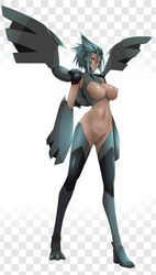 areolae breasts breasts_out dark-skinned_female dark_skin emukon fangs female high_resolution lips midriff navel nintendo nipples no_panties nude pokemon pokemorph pussy red_eyes shiny shiny_skin solo wings zekrom