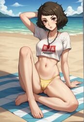 1girls ai_generated atlus beach beach_towel bikini brown_hair brown_hair_female curly_hair curly_hair_female female female_focus female_only light-skinned_female light_skin looking_at_viewer megami_tensei persona persona_5 robinlover sadayo_kawakami sega short_hair short_hair_female solo solo_female solo_focus tagme