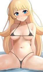 absurdres areola_slip arms_behind_back bare_shoulders bikini black_bikini blonde_hair blue_eyes blush breasts breasts_apart closed_mouth collarbone female frontal_wedgie frown gluteal_fold groin highres hime-sama_"goumon"_no_jikan_desu hime_(himesama_goumon) karamete19 long_hair looking_at_viewer medium_breasts micro_bikini navel partially_submerged solo spread_legs stomach swimsuit thighs very_long_hair water wet