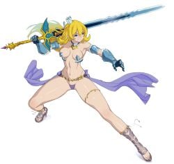 bad_link bikini_armor blonde_hair blue_eyes breasts code_of_princess cosplay crown drawfag female fighting_stance full_body gauntlets highres hime-sama_"goumon"_no_jikan_desu hime_(himesama_goumon) holding holding_sword holding_weapon long_hair mini_crown navel simple_background small_breasts solange_blanchefleur_de_luxe solange_blanchefleur_de_luxe_(cosplay) solo standing sword thigh_strap weapon white_background