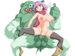 areolae arm_grab bare_shoulders black_legwear blush boots breasts butakoma_300g censored clenched_teeth elf female gloves green_eyes hair_between_eyes hair_intakes hair_ribbon head_tilt huge_breasts huge_cock interspecies large_areolae large_insertion legs looking_at_viewer mikami_(vitamin_quest) monster naked_scarf navel nipples nude orc penis pointy_ears purple_hair rape ribbon scarf sex short_hair simple_background spread_legs stomach_bulge sweat teeth testicles thighhighs thighs vaginal_penetration vitamin_quest white_background white_gloves