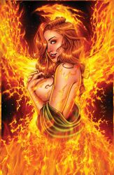 big_breasts fire green_dress green_eyes jean_grey long_hair looking_to_the_side marvel marvel_comics phoenix phoenix_(x-men) red_hair red_lipstick tagme x-men