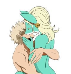 artist_request bakugou_katsuki blonde_hair blonde_male boku_no_hero_academia bra edit edited furry furry_ears furry_female green_skin hug ippan_josei katsuki_bakugou kissing muscular muscular_male my_hero_academia no_sex nude nude_female orange_bra romantic romantic_ambiance