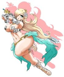 absurdres armlet armor awesomeerix bare_shoulders belt bikini_armor blonde_hair blue_eyes breasts code_of_princess cosplay detached_collar female flower gauntlets hair_flower hair_ornament hair_over_one_eye highres jewelry large_breasts lips long_hair looking_at_viewer mario_(series) navel nintendo panties princess_rosalina revealing_clothes rosalina sandals showgirl_skirt solange_blanchefleur_de_luxe solange_blanchefleur_de_luxe_(cosplay) solo super_mario_galaxy sword thick_thighs thighs underwear weapon