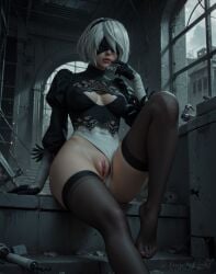 1girls ai_generated angel_light_(artist) artist_name blindfold blindfolded cleavage_cutout dress female_only gloves hairclip leotard_aside navel_visible_through_clothes nier:_automata pantyhose puffy_sleeves pussy short_hair sitting solo solo_female toes_visible_through_clothing white_hair yorha_2b