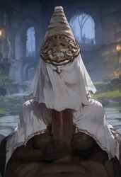 1boy 1girls ai_generated armor big_ass big_breasts big_penis blowjob censored dark-skinned_male elden_ring female fromsoftware grey_skin handjob helmet implied_fellatio male musashimango nox_swordstress penis pov sucking veil voluptuous