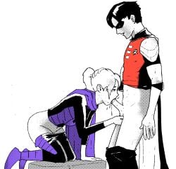 1boy batman_(series) blowjob clothed_sex cupping_balls dc dc_comics fellatio female hand_on_head male oral oral_sex ponytail red_bat_(artist) robin_(dc) robin_(tim_drake) saliva spoiler_(dc) stephanie_brown superhero superheroine tim_drake