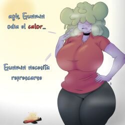 big_breasts big_butt bikini blue_body breasts bun cat_bikini green_hair gunmin_(huesosdry) huesosdry slime slime_girl spanish_text talking thick thick_thighs