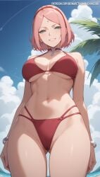 1girls ai_generated beach bewaretheaimachinegod bikini bikini_bottom bikini_top blush bob_cut boruto:_naruto_next_generations bracelet breasts cleavage detached_collar facial_mark forehead_mark green_eyes light-skinned_female light_skin long_hair looking_at_viewer mature mature_female midriff milf mommy nai_diffusion naruto naruto_(series) paipan pale-skinned_female pale_skin patreon_username petite petite_body pink_hair pinup sakura_haruno seaside shoulder_length_hair small_breasts smile solo solo_focus stable_diffusion swimsuit text upper_body url watermark web_address