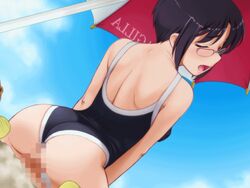 animated assertive censored cowgirl_position female glasses human male one-piece_swimsuit sex soga_kaede straddling straight sweet_home swimsuit