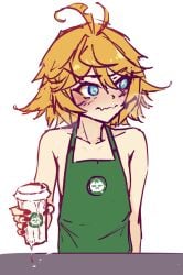 1futa ahoge androgynous apron apron_only avian barely_clothed barista bird_girl black_nails blonde_hair blush coffee_cup collarbone cum cum_cup cum_drip cum_in_coffee cum_in_container cum_leaking cum_on_table cup_of_cum dokibird embarrassed flesh_fang futanari green_apron hair_ornament logo_parody looking_to_the_side neck no_sex no_visible_genitalia offering_drink ricegnat short_hair shoulders small_breasts squiggle_mouth sweat swirly_eyes teal_eyes tomato tomboy virtual_youtuber vtuber white_background yellow_hair