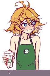 1futa 2024 ahoge androgynous apron apron_only avian barely_clothed barista bird_girl black_nails blonde_hair blush clothed clothing coffee_cup collarbone cum cum_cup cum_drip cum_in_coffee cum_in_container cum_in_cup cum_leaking cum_on_table cup_of_cum dokibird dokibird_(bounty_hunter) embarrassed flesh_fang futa_only futanari green_apron hair_ornament human implied_sex light_skin logo_parody looking_to_the_side mostly_clothed neck no_sex no_visible_genitalia offering_drink ricegnat short_hair shoulders small_breasts solo standing sweat swirly_eyes teal_eyes tomato tomboy virtual_youtuber vtuber wavy_mouth white_background yellow_hair