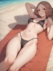 1girls ai_generated atlus beach beach_towel bikini brown_hair brown_hair_female curly_hair curly_hair_female female female_focus female_only haru_okumura light-skinned_female light_brown_hair light_skin looking_at_viewer megami_tensei persona persona_5 robinlover sega short_hair short_hair_female solo solo_female solo_focus tagme