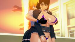 2girls big_breasts black_hair black_hair_female blake_belladonna blonde_female blonde_hair bra breasts cat_ears glasses panties purple_eyes rwby school_uniform stormstriker yang_xiao_long yellow_eyes