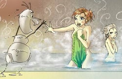 1boy 2girls anna_(frozen) blush cleavage covering_self curvy disney elsa_(frozen) embarrassed female female_with_female frozen_(film) hair_bun hot_spring human j00nk1m110 male male_with_female melting monster nude olaf_(frozen) sakimi_chan sisters towel water wet