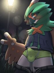 absurd_res anthro beak blush bodily_fluids bottomwear bottomwear_down briefs brown_body brown_feathers bulge clothed clothing decidueye embarrassed erection erection_under_clothing feathers generation_7_pokemon genital_fluids hi_res hoodie luto_tori male nintendo pants pants_down partially_clothed pokemon pokemon_(species) precum precum_through_clothing public public_exposure solo street_lamp topwear underwear wet wet_clothing yellow_eyes