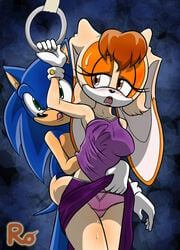 anthro blue_fur female fur furry groping hedgehog male mammal panties pink_panties rabbit skirt_lift sonic_(series) sonic_the_hedgehog straight vanilla_the_rabbit zerbukii