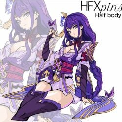 butterfly cleavage genshin_impact hair_ornament hfxpins purple_hair raiden_shogun sitting