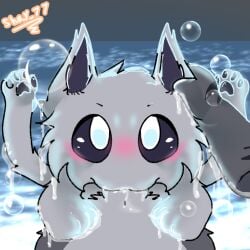 <3_eyes animal_genitalia black_sclera blowjob bubbles canine changed_(video_game) chibi cum_in_mouth cum_on_hands cute disembodied_hand furry furry_only heart looking_at_viewer looking_back shark shay_77 squid_dog_(changed) tiger_shark tiger_shark_(changed) traced_art video_game water water_dripping watermark white_pupils