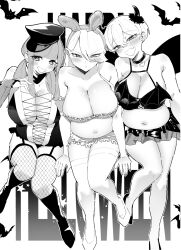 3girls angry animal_ears bat_(animal) belly bikini blush boots bra breasts bridal_gauntlets choker cleavage collarbone fake_horns fishnet_thighhighs fishnets frilled_bra frilled_skirt frills frown garter_straps greyscale hand_on_own_chest hat high_heels highres horns invisible_chair large_breasts leotard long_hair looking_at_viewer low_twintails miniskirt monochrome multiple_girls navel oerba_yun_fang open_mouth original plump rabbit_ears short_hair sitting skin_fang skirt smile strapless strapless_bra swimsuit terano_haruma thighhighs twintails underwear