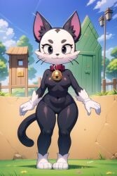 ai_generated bell black_fur brawl_stars breasts collar collar_bell domestic_cat featureless_breasts featureless_crotch female furry kit_(brawl_stars) looking_at_viewer nude rule_63 solo thick_thighs white_fur