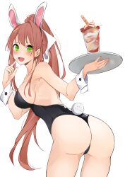 1girls 2021 ass ass_focus breasts brown_hair bunny_costume bunny_ears bunny_girl bunny_tail bunnysuit doki_doki_literature_club female_focus female_only green_eyes hair_ribbon light-skinned_female looking_at_viewer looking_back medium_breasts monika_(doki_doki_literature_club) ponytail sideboob simple_background sole_female solo thighs white_background white_bow xhunzei