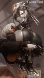 2girls 3d 3d_(artwork) android android_girl anthem ass ass_bigger_than_head ass_focus ass_grab breasts crossover eastern_and_western_character eyes_covered fat_ass female female_focus female_only hugging hugging_ass hugging_legs interceptor large_breasts leotard nier nier:_automata nier_(series) niki3d nipples robot robot_girl robot_humanoid short_hair thick_ass thick_thighs thighs watermark white_hair yorha_2b yuri