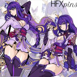 butterfly cleavage female_only genshin_impact hair_ornament hfxpins kimono purple_hair raiden_shogun sitting standing