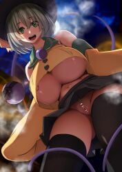 absurdres bar_censor black_headwear black_thighhighs breasts censored cleft_of_venus female green_eyes green_hair green_skirt highres huge_breasts koishi_komeiji komeiji_koishi leaning_forward looking_at_viewer nipple_slip nipples no_panties open_mouth pov pussy shirt short_hair skirt solo steaming_body teeth thighhighs third_eye touhou underboob upper_teeth_only yellow_shirt yukito_(dreamrider)