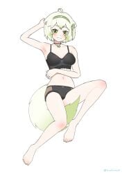 armpit arms_up black_bra black_panties blush bra feet ferret_girl ferret_tail green_eyes green_highlights laimu lime_eyes looking_at_viewer nail_polish panties samitouchbutt short_hair smirk tail tail_between_legs tummy virtual_youtuber white_hair