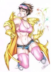 1girls 2021 bandaid bandaid_on_face blowing_bubblegum bubble_gum daniele_torres female female_only fully_clothed jubilation_lee jubilee jumping large_breasts leaping marvel marvel_comics short_hair short_hair_female short_shorts solo x-men