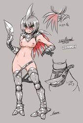 aozane armor black_eyes breasts clothed clothing crying female gauntlets greaves half-dressed human humanized navel nintendo nipples open_mouth pokemon pokemorph ponytail skarmory solo sword tied_hair topless unconvincing_armor video_games weapon yellow_sclera