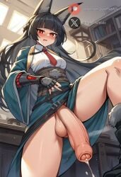 1futa ai_generated animal_ears balls big_penis black_hair blush clothed cock dickgirl embarrassed flaccid foreskin from_below futa_only futanari hollow_special_operations_section_6 hoshimi_miyabi huge_cock indoors leg_up light-skinned_futanari light_skin long_hair looking_at_viewer penis precum red_eyes roxygtf solo standing viewed_from_below zenless_zone_zero