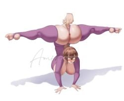 1girls amidasketchbook animated blush brown_hair embarrassed fingering fingering_partner handstand huge_breasts ponytail shaking_breasts splits tagme thick_thighs video