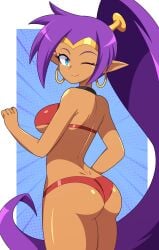 1girls abysswatchers ass big_ass bikini bikini_bottom bikini_top blue_eyes bottomwear breasts ear_piercing earrings female female_only hair hoop_earrings medium_breasts one_eye_closed pointy_ears ponytail purple_hair red_bikini shantae shantae_(character) sideboob smile solo solo_female swimwear thighs topwear wink winking