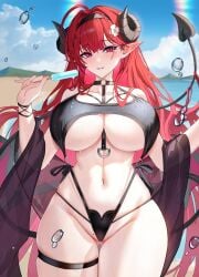 1girls absurdres ahoge alternate_costume ass_visible_through_thighs azur_lane beach black_one-piece_swimsuit black_shawl black_slingshot_swimsuit blue_sky blush breasts cloud cloudy_sky commentary_request cowboy_shot day demon_girl demon_horns demon_tail female female_only food groin highres hindenburg_(azur_lane) holding holding_food holding_popsicle horns iron_blood_(azur_lane) large_breasts light-skinned_female light_skin long_hair looking_at_viewer mole mole_on_crotch mole_under_eye navel o-ring o-ring_swimsuit one-piece_swimsuit outdoors pointy_ears popsicle red_eyes red_hair shawl skindentation sky slingshot_swimsuit slit_pupils smile solo succubus swimsuit tail thick_thighs thighs very_long_hair water_drop yijiufantexi_(liusanjin11)