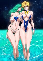 2girls adult_swim alluring big_breasts bikini bishoujo_senshi_sailor_moon blonde_hair breasts cleavage female haruka_tenou long_hair michiru_kaiou multiple_girls pin_up sailor_neptune sailor_uranus short_hair swimsuit teal_eyes teal_hair toei_animation toonami yuri-ai yuri_ai