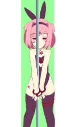 1girls 9:16 animated back_of_head bare_shoulders breasts bruunoscp bunny_ears bunnysuit butt cuffs doki_doki_literature_club hand_cuffs metal_pole natsuki_(doki_doki_literature_club) pink_eyes pink_hair pole rabbit_hole_(cosplay) rabbit_hole_(deco*27/caststation) rabbit_hole_(vocaloid) shorter_than_30_seconds smile smiling stuck stuck_in_wall suggestive tagme thighhighs vertical_video video