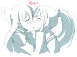 2girls blush female hetza_(hellshock) kantai_collection kissing kumano_(kantai_collection) licking long_hair monochrome multiple_girls ponytail smile suzuya_(kantai_collection) text tied_hair translation_request yuri