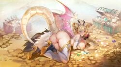 aeons_echo ass breasts breasts_out coin demon demon_horns demon_tail gold gold_jewelry leggings pussy tagme tail wings_of_fire yellow_hair