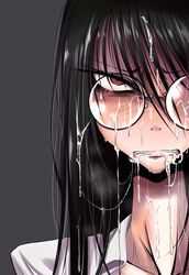 black_hair blush cum facial female glasses highres long_hair original red_eyes shaded_face solo turnamoonright