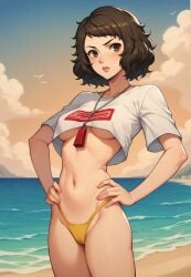 1girls ai_generated atlus beach bikini brown_hair brown_hair_female curly_hair curly_hair_female female female_focus female_only light-skinned_female light_skin looking_at_viewer megami_tensei persona persona_5 robinlover sadayo_kawakami sega short_hair short_hair_female solo solo_female solo_focus tagme