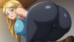 ai_generated ass_focus big_ass big_breasts blonde_hair blue_eyes blush boots busty cameltoe covered_nipples curvy elf_ears embarrassed female female female_only from_behind from_below hairclip hi_res highres leggings looking_back nintendo perky_breasts pony_diffusion_xl princess_zelda seraphim_ai smile solo spandex stable_diffusion swollen_nipples the_legend_of_zelda tights zelda_(breath_of_the_wild)